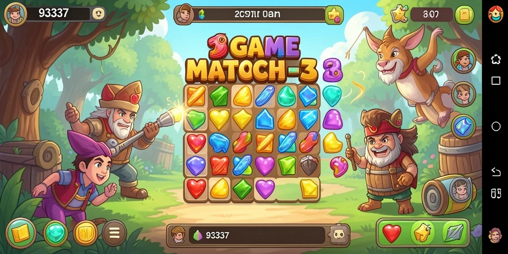 Gameplay Match-3 yang seru dan penuh warna.