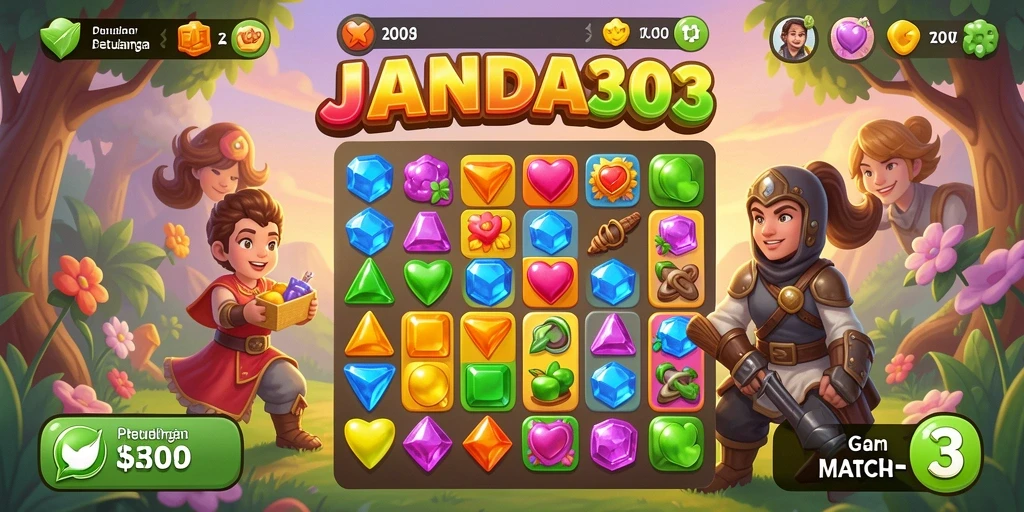 Screenshot JANDA303 menampilkan gameplay Match-3 yang seru dan penuh warna.