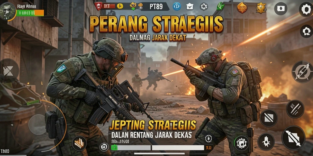 Screenshot utama PT89 menampilkan aksi intens dalam gameplay FPS.